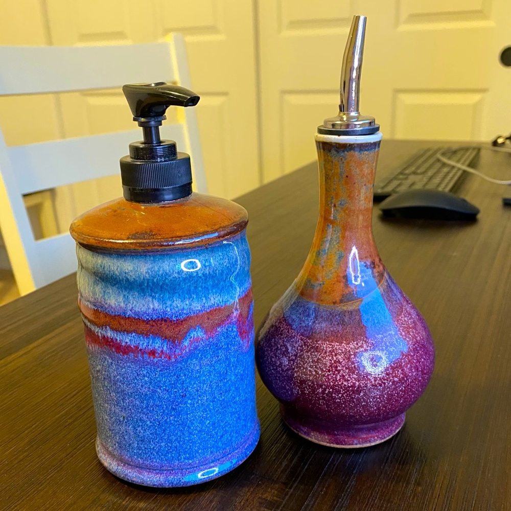 Ceramic Soap Pump and Oil Decanter Set